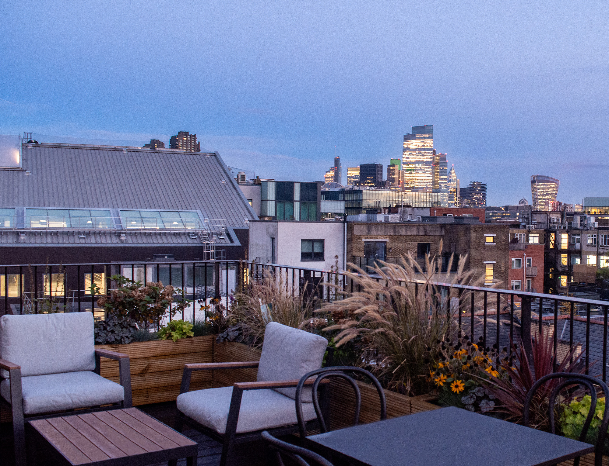 Roof terrace evening at The Record Hall