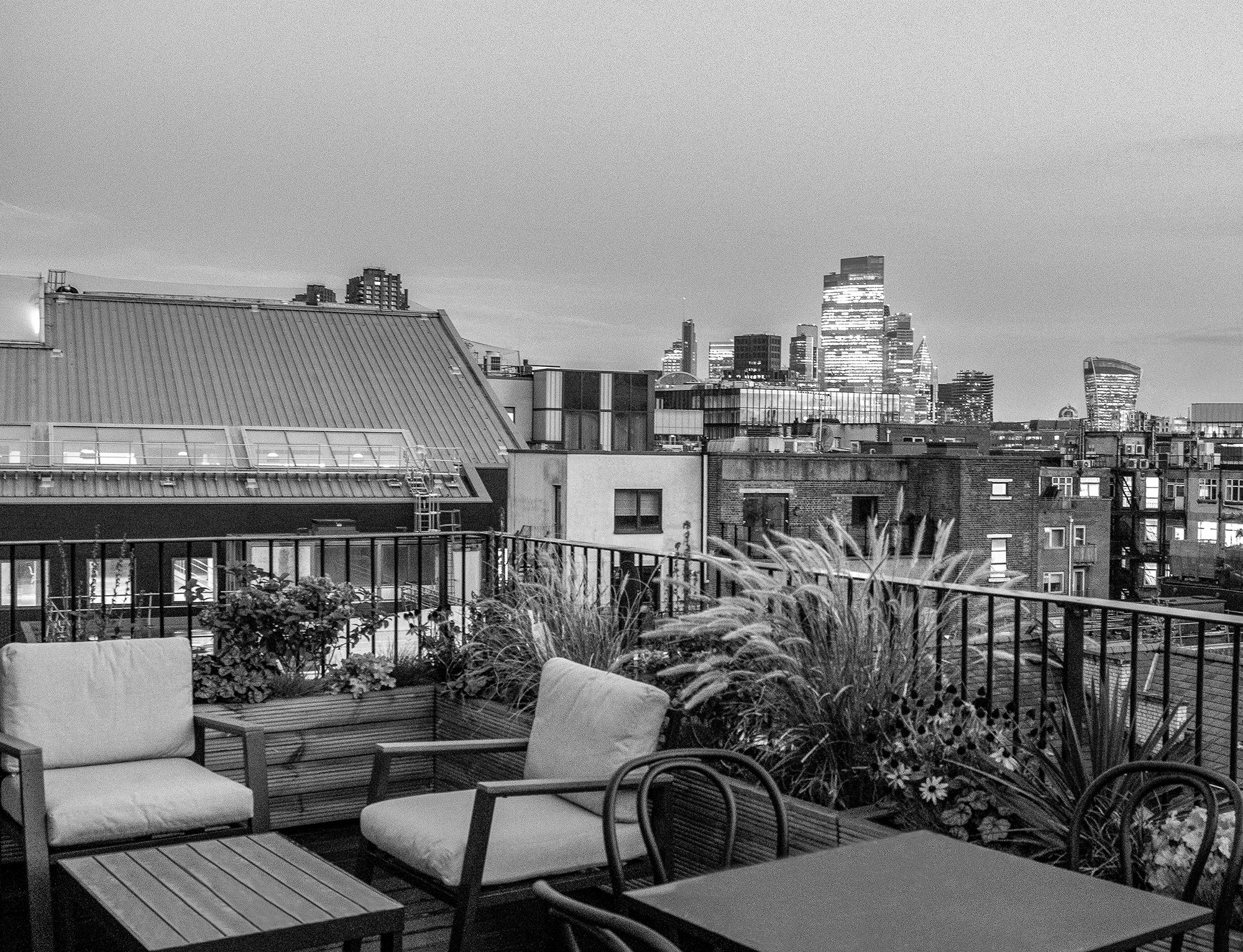 Roof terrace evening at The Record Hall